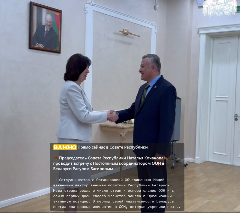 Председатель Совета Республики Наталья Кочанова проводит встречу с Постоянным координатором ООН в Беларуси Расулом Багировым