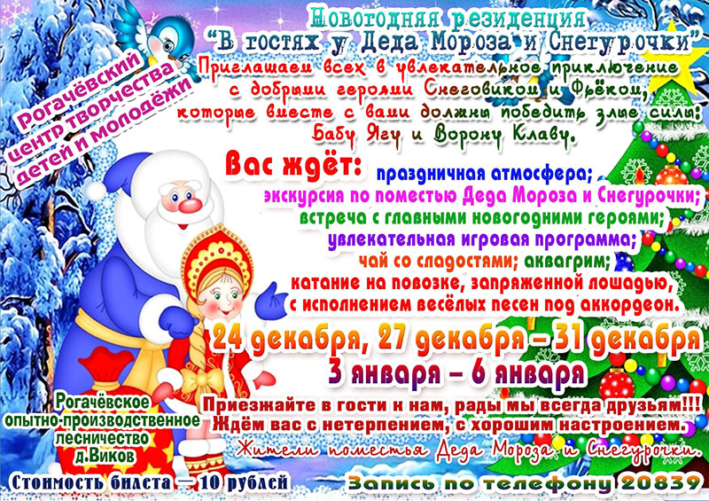 Приглашаем рогачевцев в гости к Деду Морозу и Снегурочке!